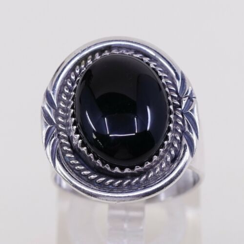 Sz 8, Native American Navajo Sterling 925 Silver Handmade Ring W/ Obsidian