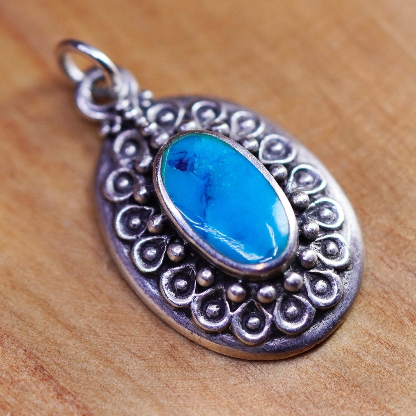 Vintage Sterling 925 silver handmade pendant with oval turquoise and bead