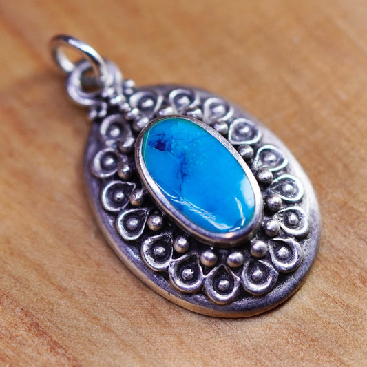 Vintage Sterling 925 silver handmade pendant with oval turquoise and bead