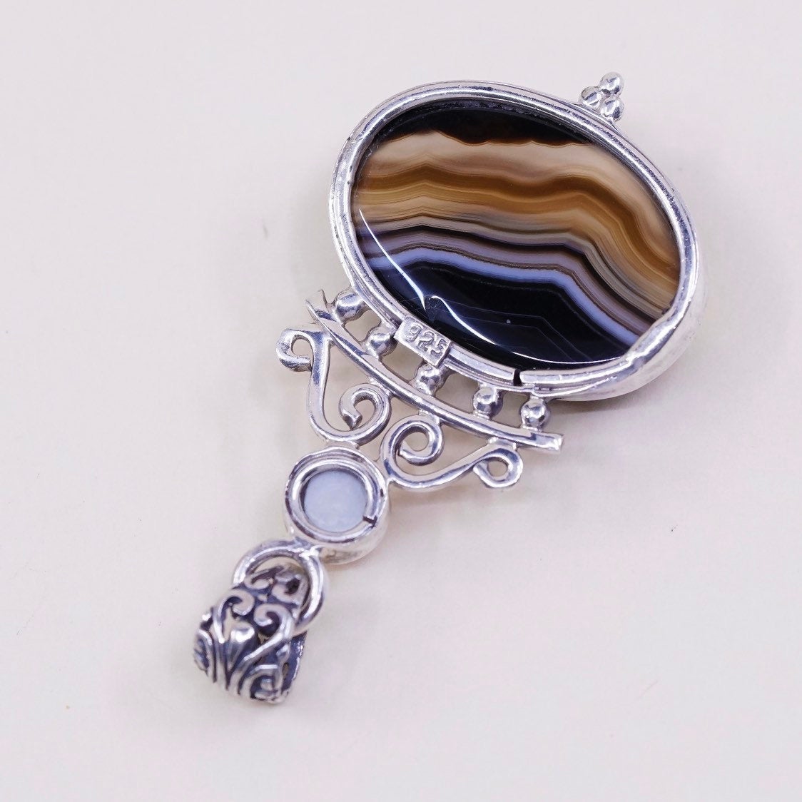 vtg sterling silver handmade pendant, solid 925 with agate and pearl