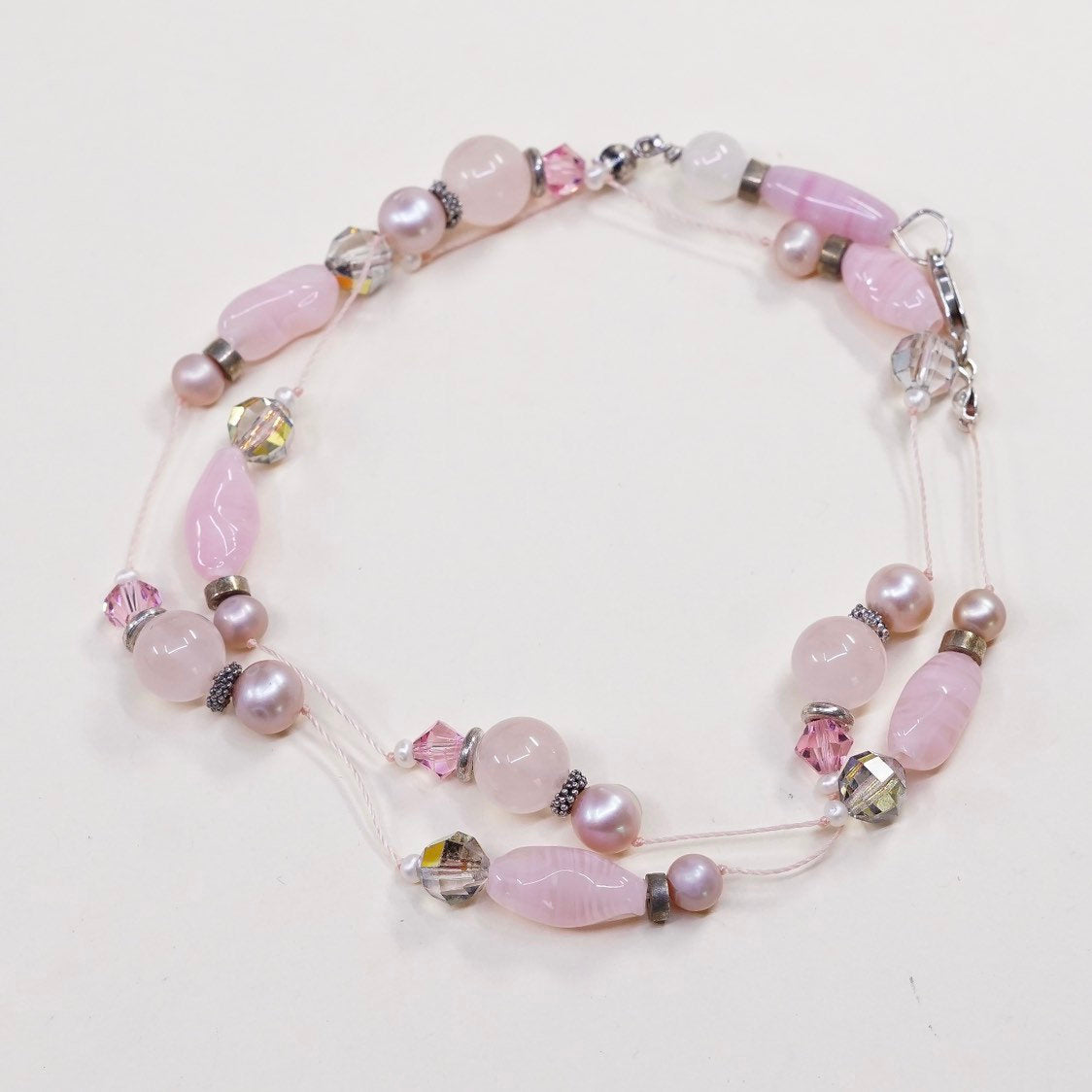 18”, vtg handmade Sterling silver clasp with pink quartz beads necklace