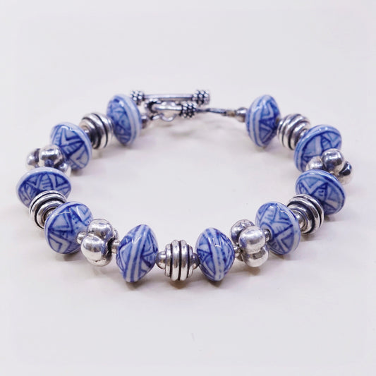 6.25”, VTG handmade bracelet glazed ceramic beads w/ 925 beads N toggle closure