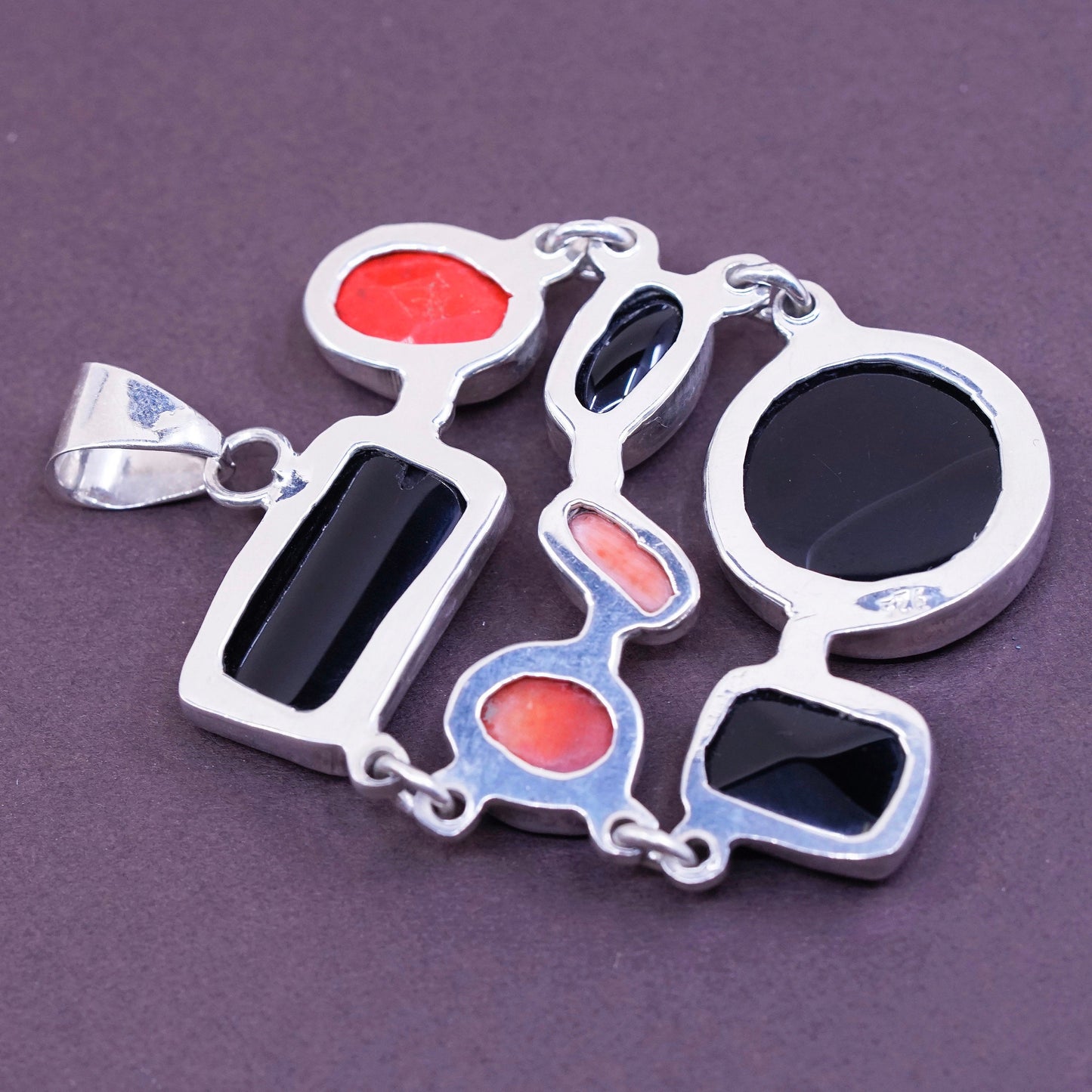 Vintage Sterling 925 silver handmade pendant with obsidian and coral