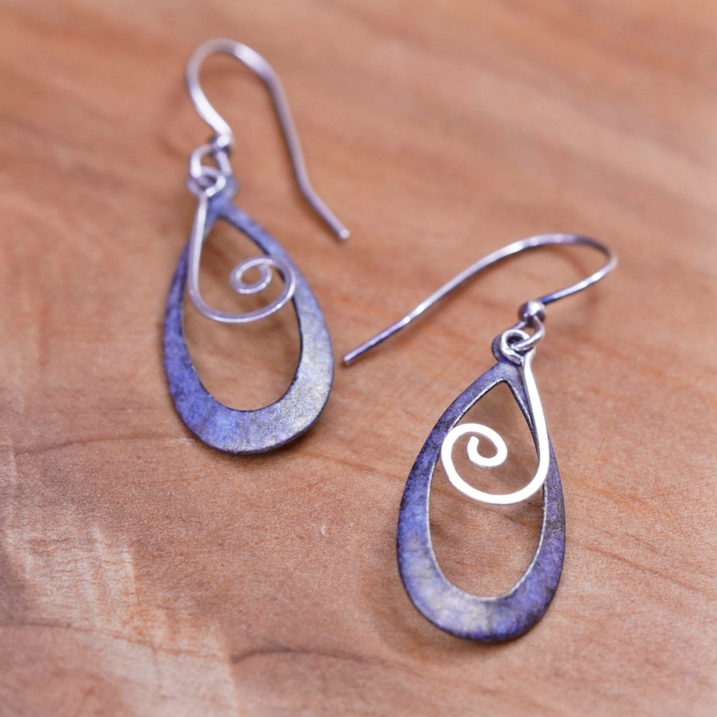 Vintage Sterling silver handmade earrings, 925 teardrops with swirly dangle