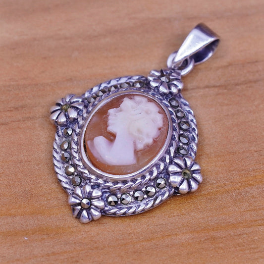 Vintage Sterling 925 silver handmade pendant with agate cameo girl marcasite