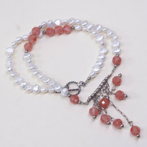 19”, Vtg 925 Sterling Silver Pink Rose Quartz Pearl Beads W/ Fringe Pendant