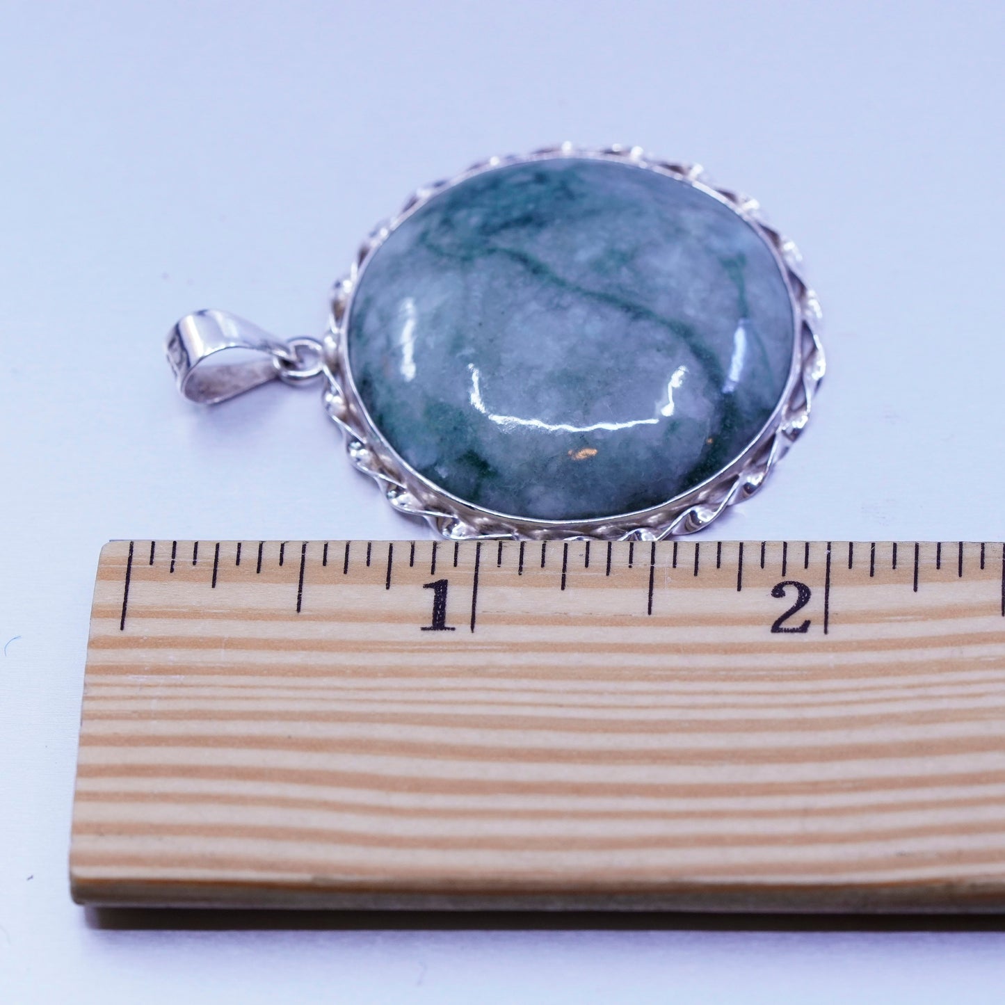 antique sterling 925 silver handmade round pendant green jade phenix temple