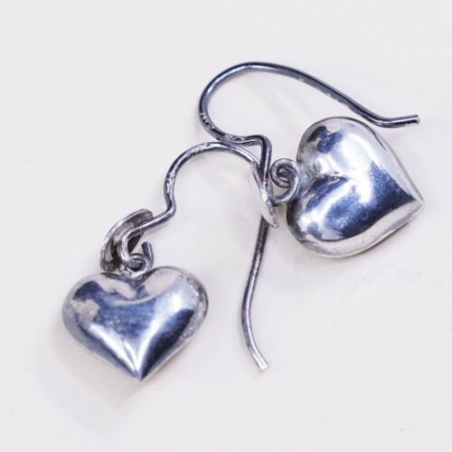 vtg sterling silver heart shaped drop earrings, puffy lightweight heart