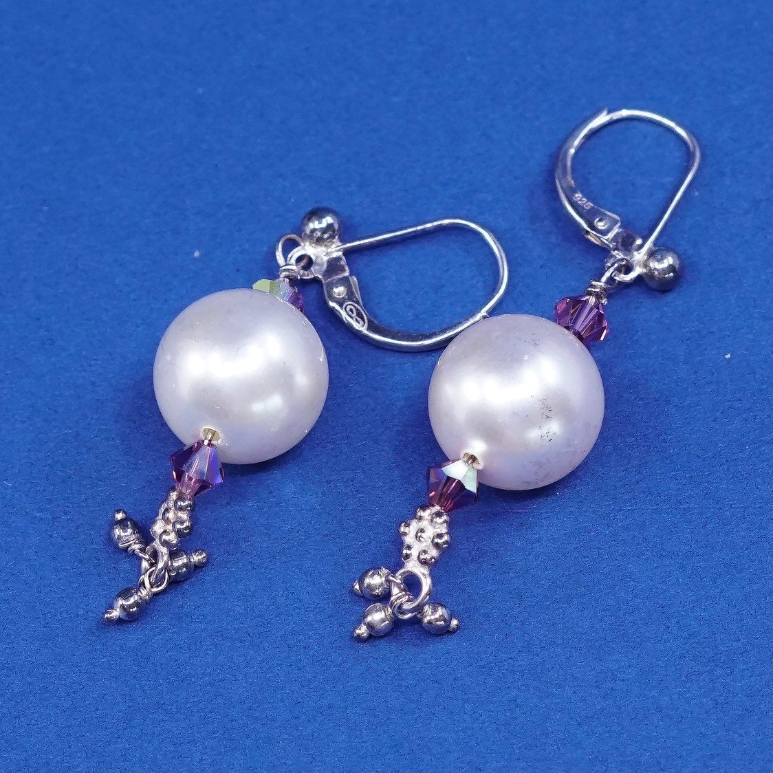 vtg Sterling silver handmade earrings, 925 w/ faux pearl N crystal drops