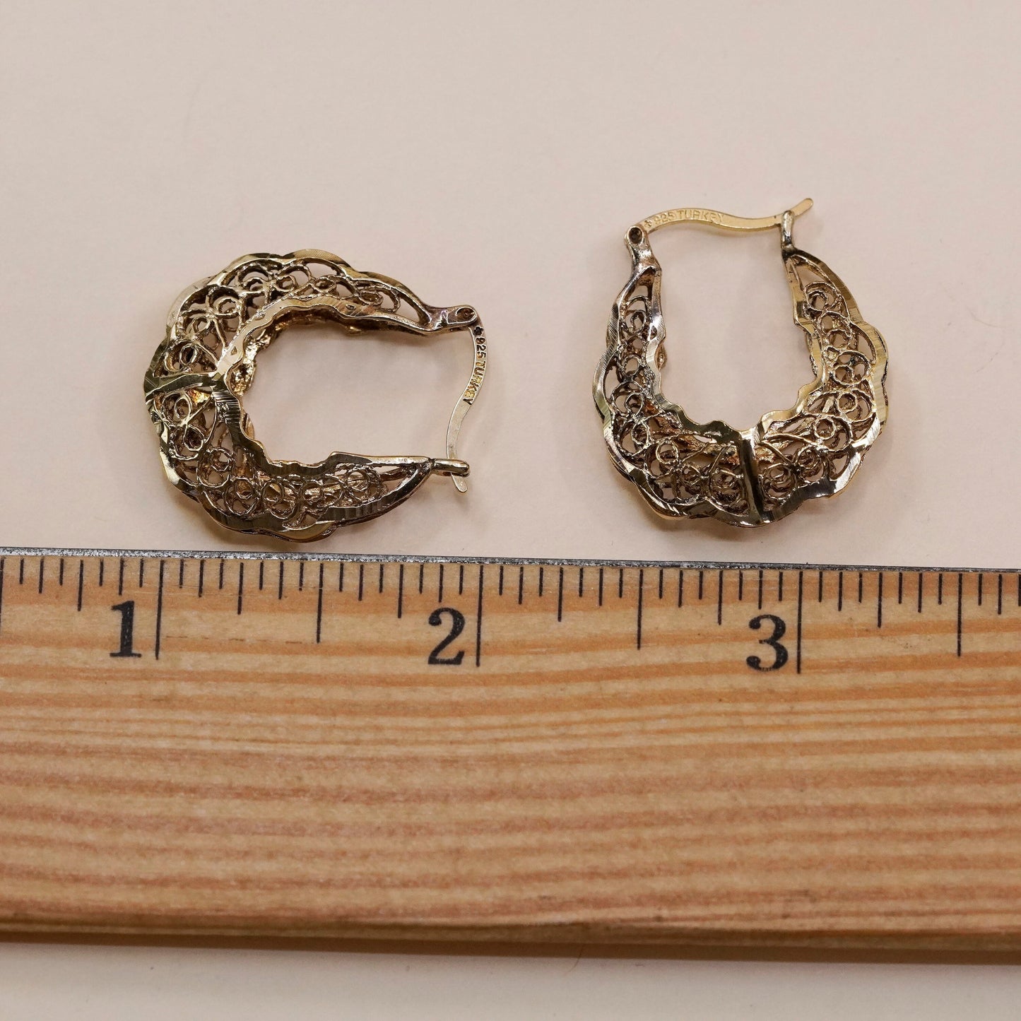 1” turkey vermeil gold over sterling silver filigree earrings, huggie hoops