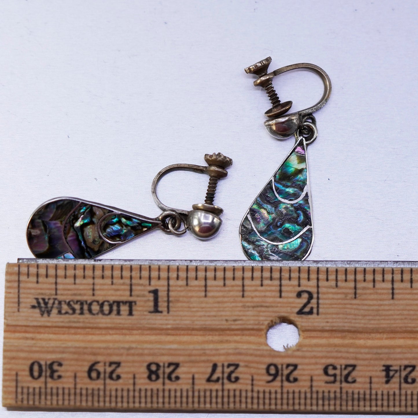 Vintage Sterling 925 silver handmade earrings, teardrop screw back with abalone