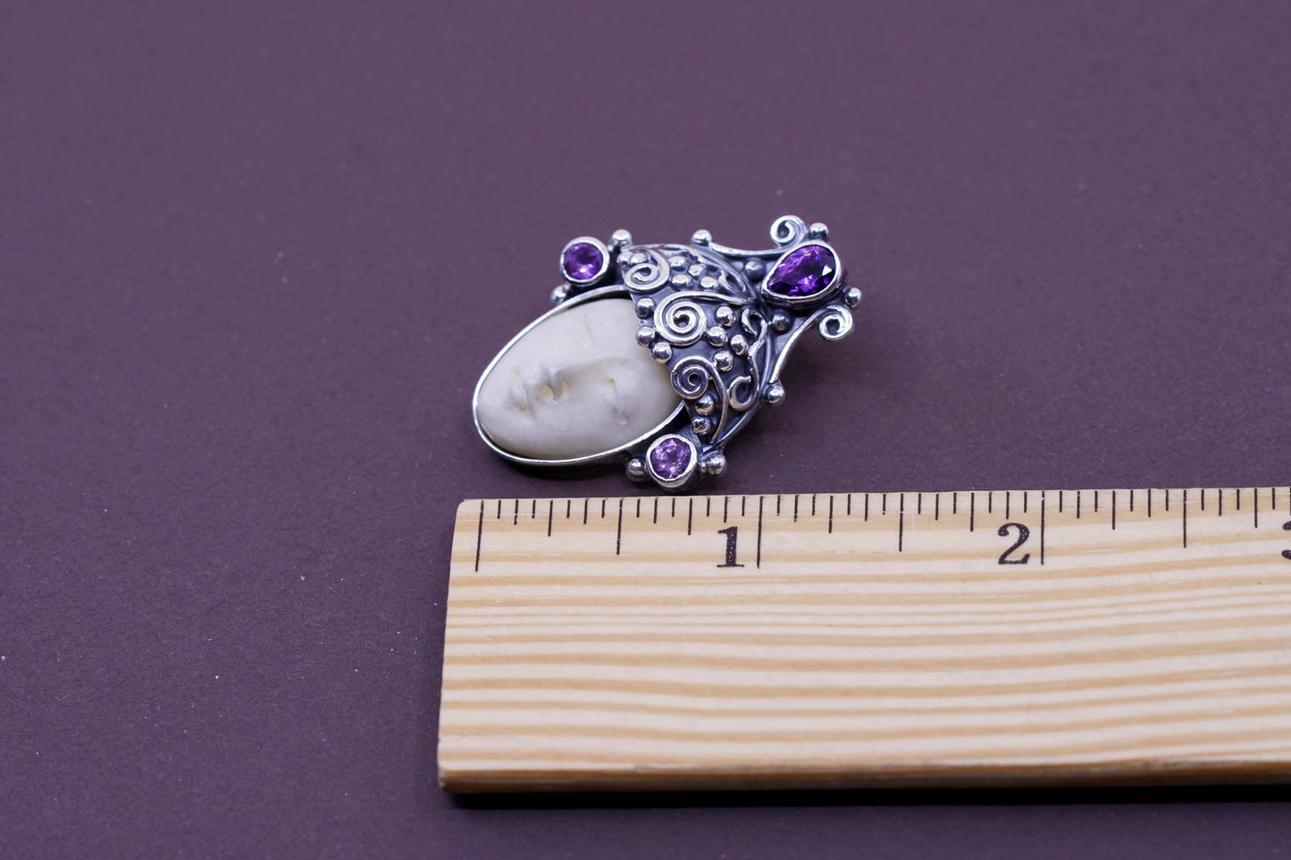 Vintage Sterling 925 silver handmade pendant with cow bone moon face N amethyst