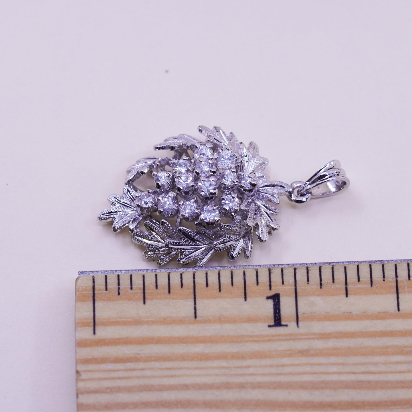 Vintage sterling silver handmade pendant, round cut clear Cz, 925 leaves