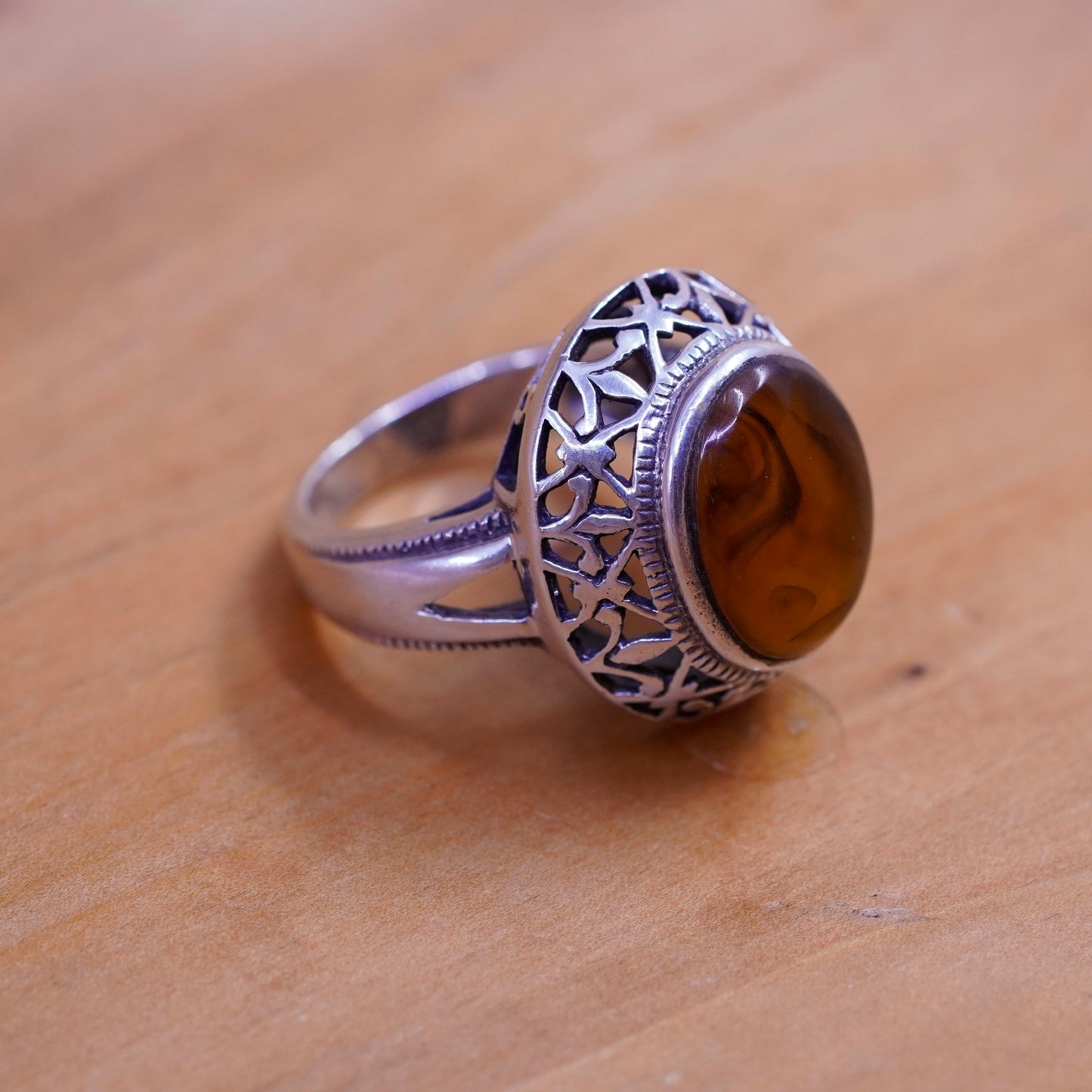 Size 6.25, vintage Sterling 925 silver handmade filigree ring with oval Amber