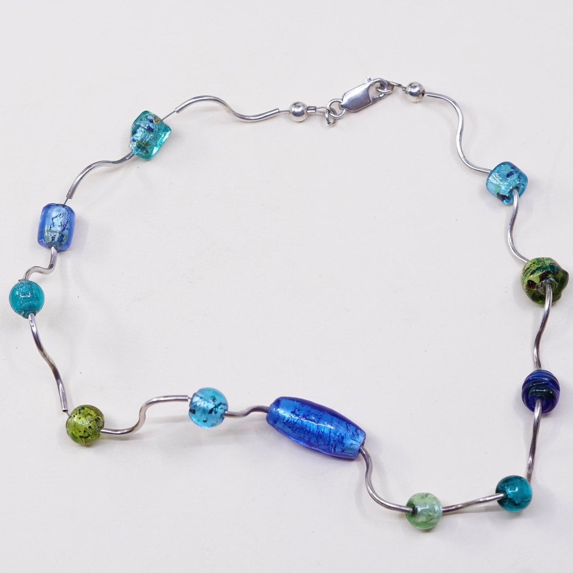 16”, vtg Sterling silver handmade necklace, 925 bar, with blue glass beads