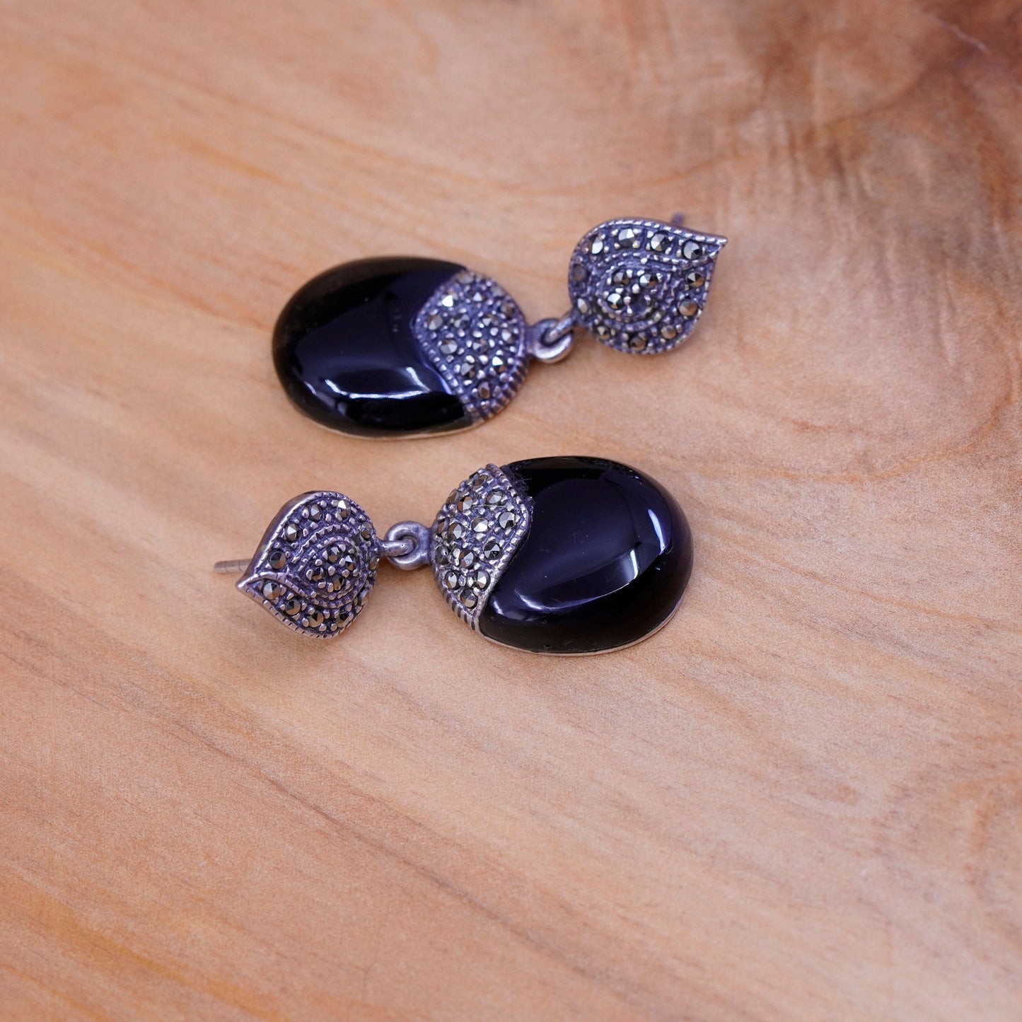 mexico Sterling 925 silver clip on earrings, obsidian dangles w/ Marcasite