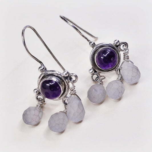 vtg Sterling silver handmade earrings, 925 w/ amethyst n clear crystal dangles