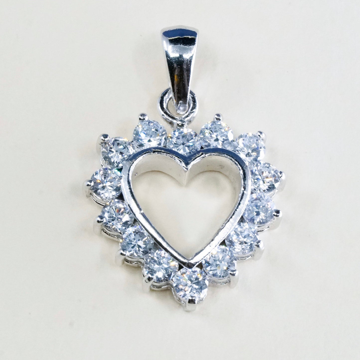 vtg sterling 925 silver heart pendant with cluster clear Cz around