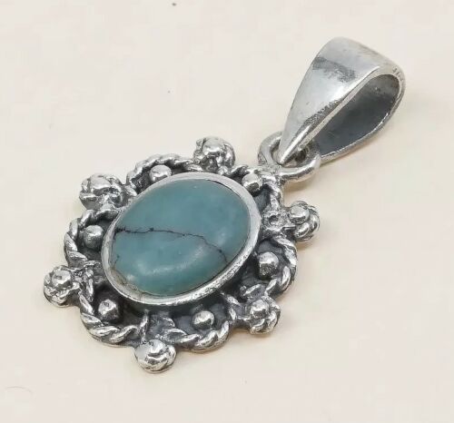 Vtg Sterling Silver Handmade Pendant W/ Oval Shaped Turquoise & Beads Details