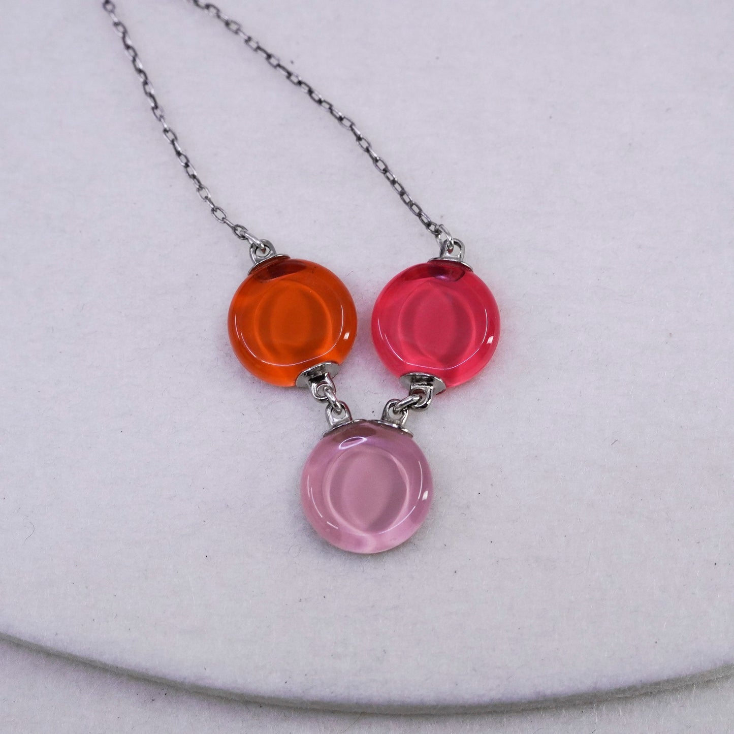 18+2”, Sterling 925 silver circle chain necklace with pinkish glass pendant