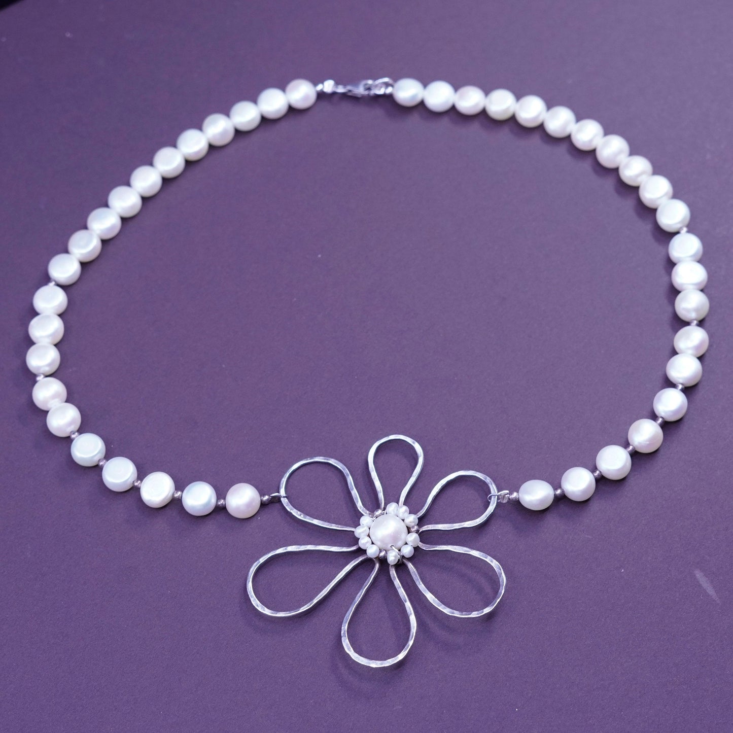18”, vintage Sterling silver handmade necklace, 925 flower w/ freshwater pearl