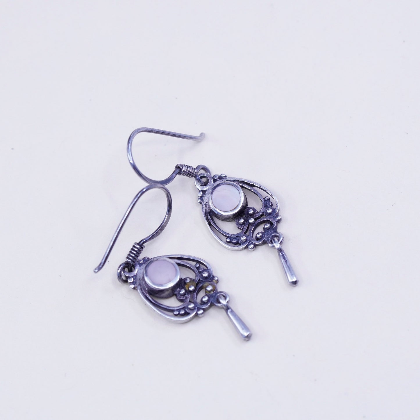 Boma sterling silver handmade earrings, 925 filigree dangles w/ white MOP