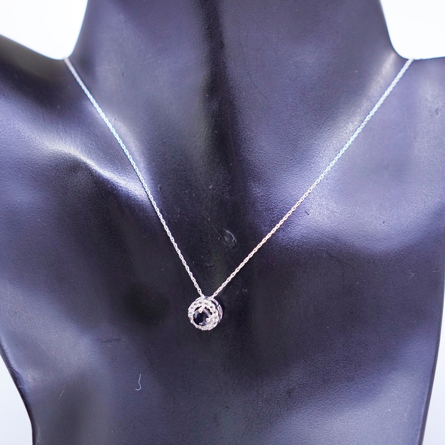 18”, Sterling 925 silver handmade circle chain necklace with sapphire pendant