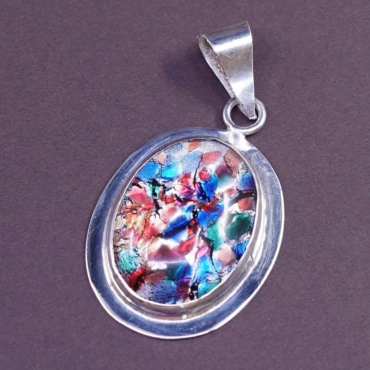 vtg Sterling silver handmade pendant, 925 with vivid colored foil glass