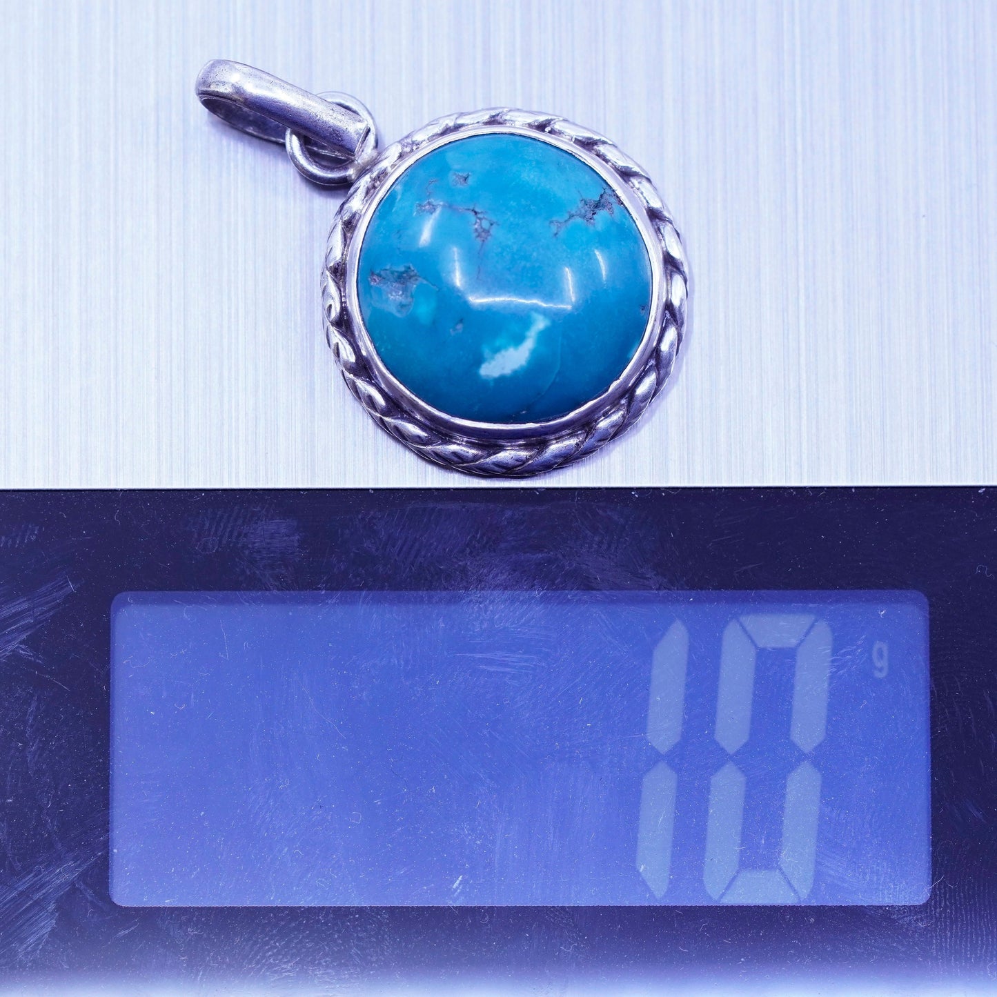 antique southwestern sterling 925 silver round pendant with turquoise and cable