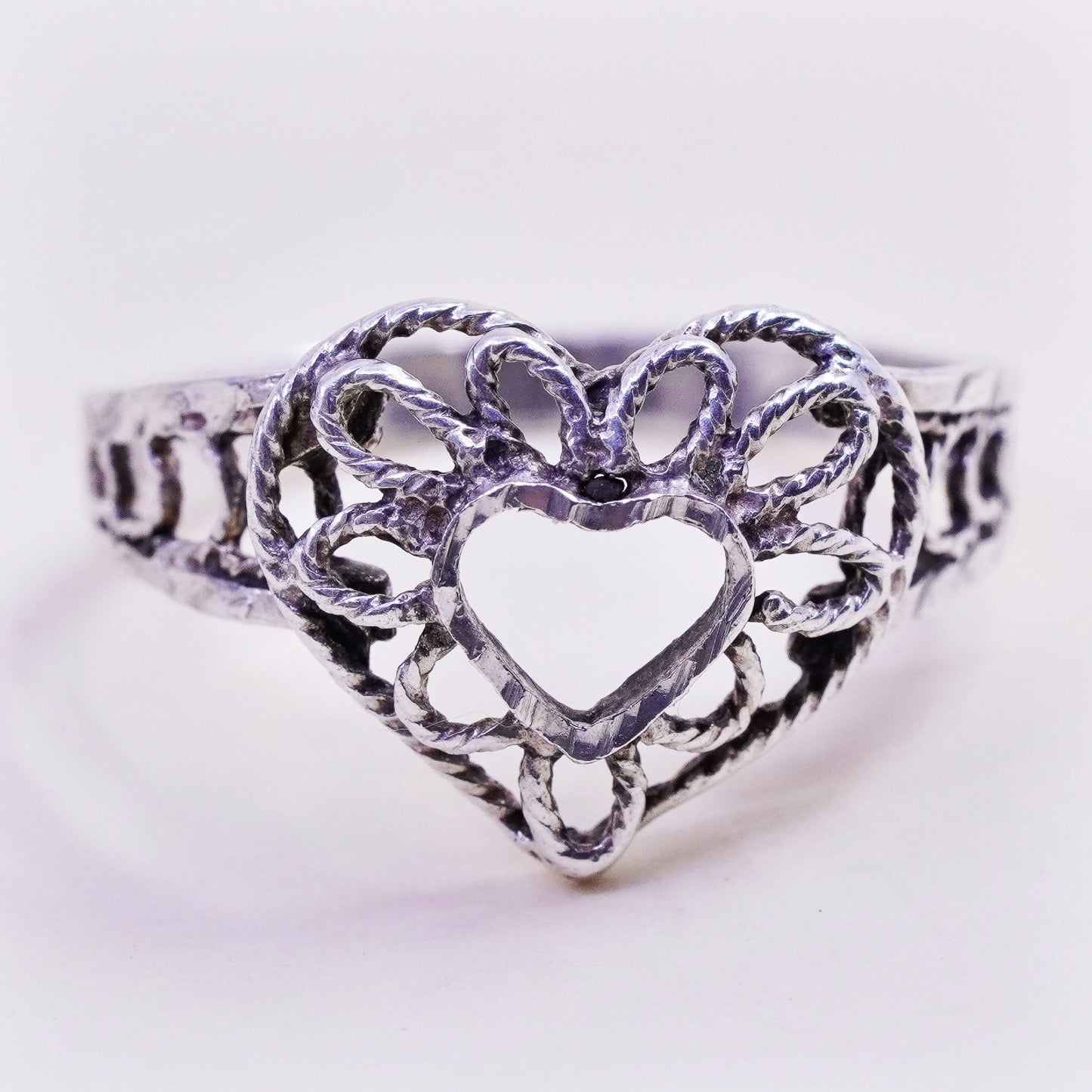 Size 7.5, Vintage sterling silver handmade wired ring, 925 filigree heart band