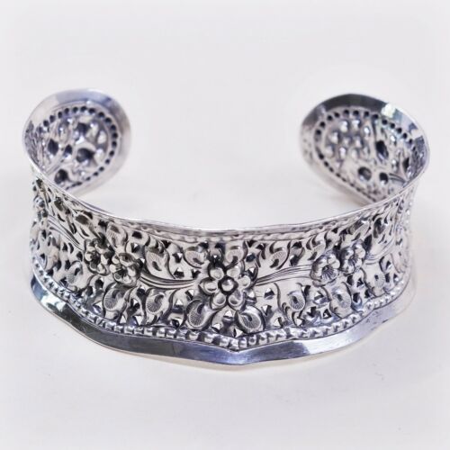 7.25”, Vtg Sterling Silver Handmade Wide Cuff W/ Flower, 925 Silver Bracelet