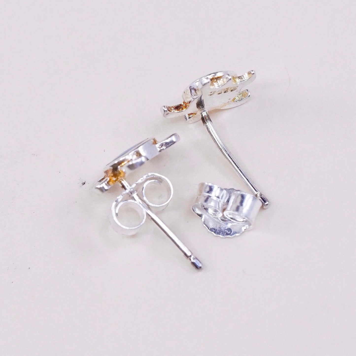 vtg sterling silver handmade earrings, 925 turtle studs w/ fire opal,