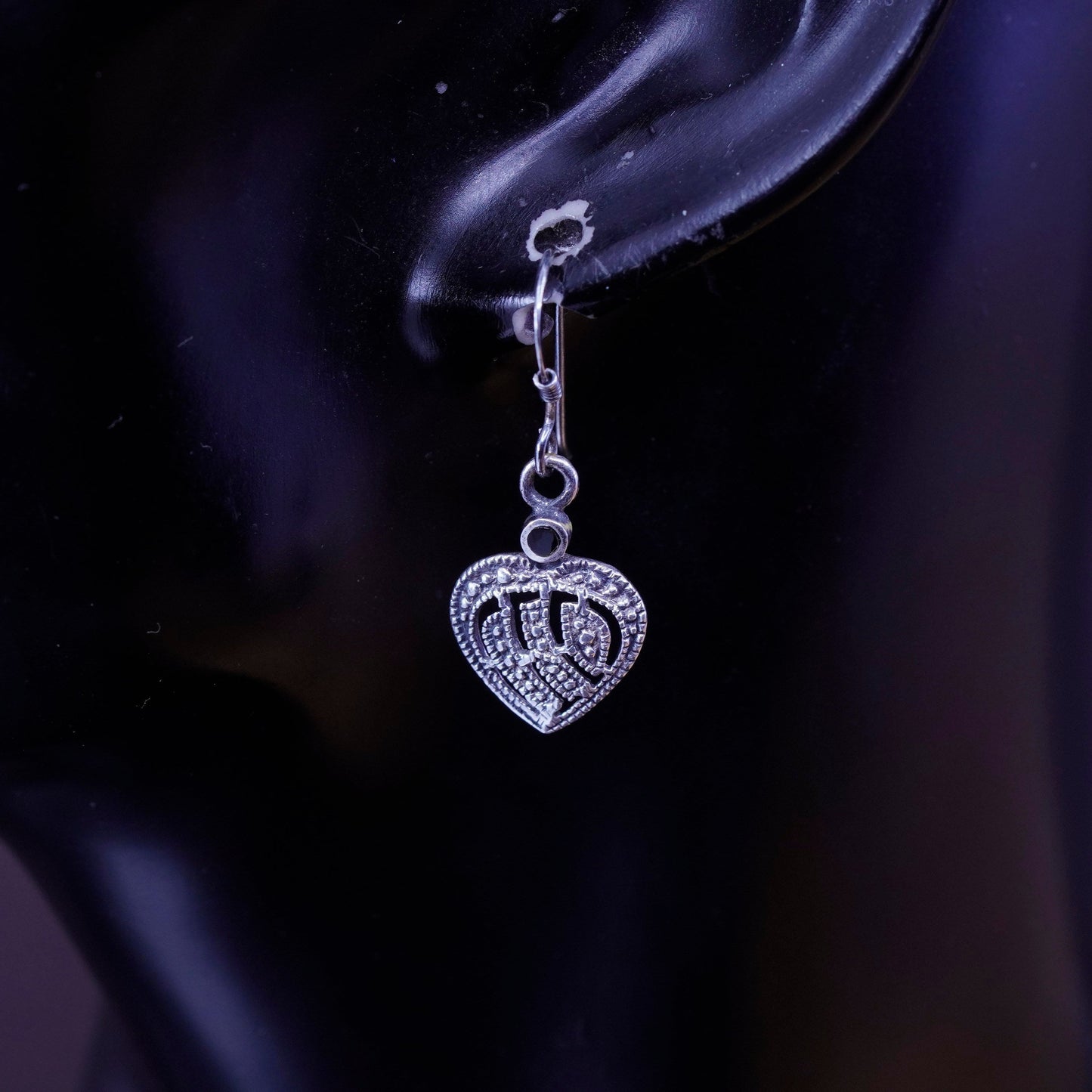 Vintage Sterling 925 silver handmade heart earrings with obsidian