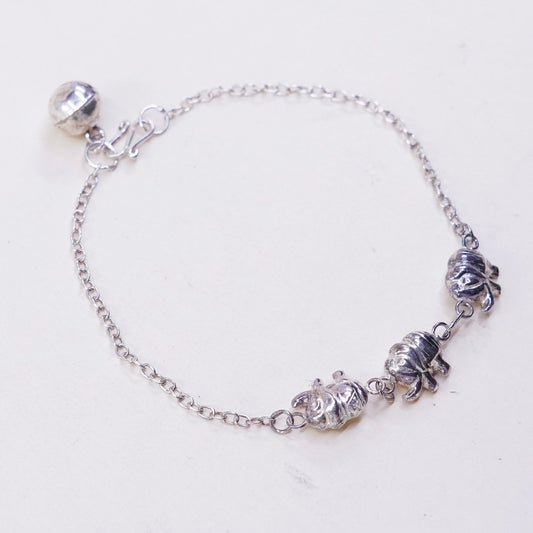 7.25”, VTG Sterling Silver Handmade Bracelet, 925 Elephant link w/ chime
