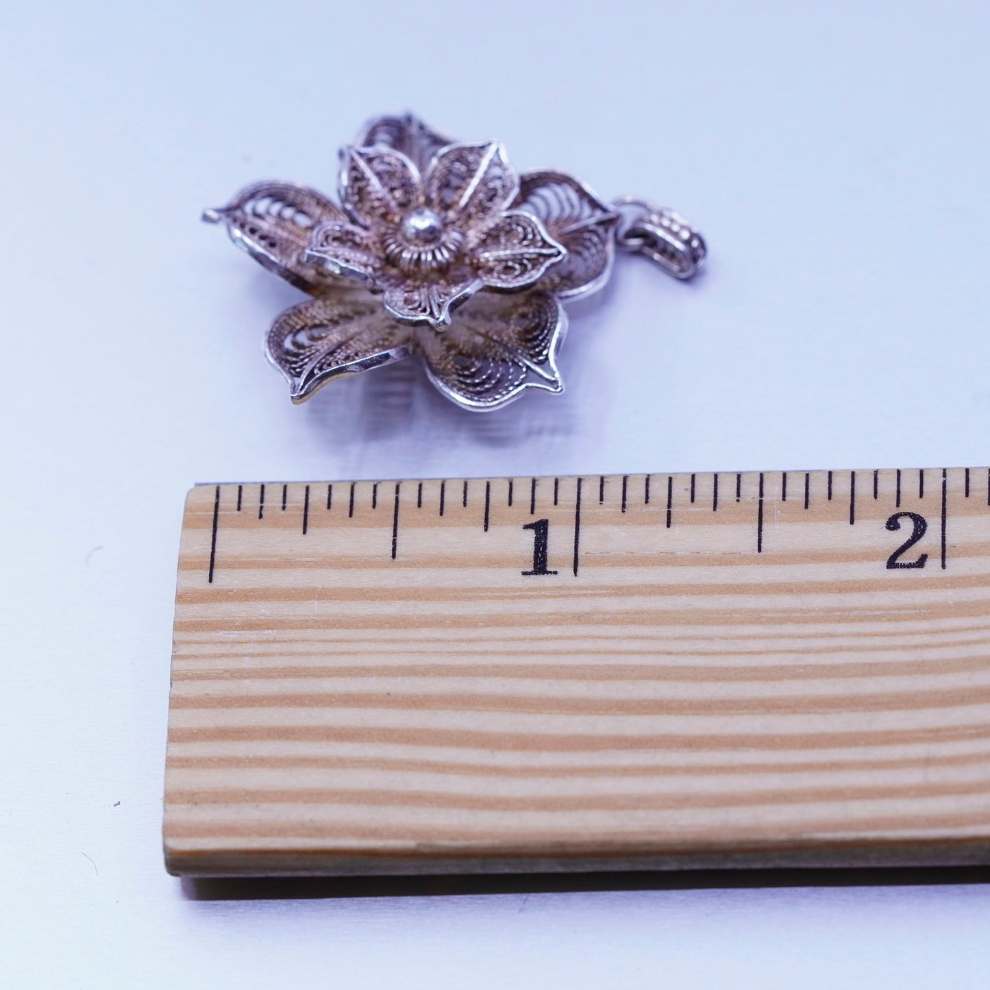 Antique BJ Sterling silver charm, 925 filigree flower pendant with beads