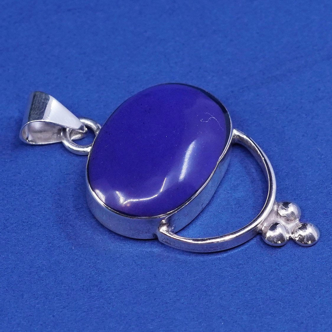 vtg sterling silver handmade pendant, 925 w/ blue onyx, stamped sterling