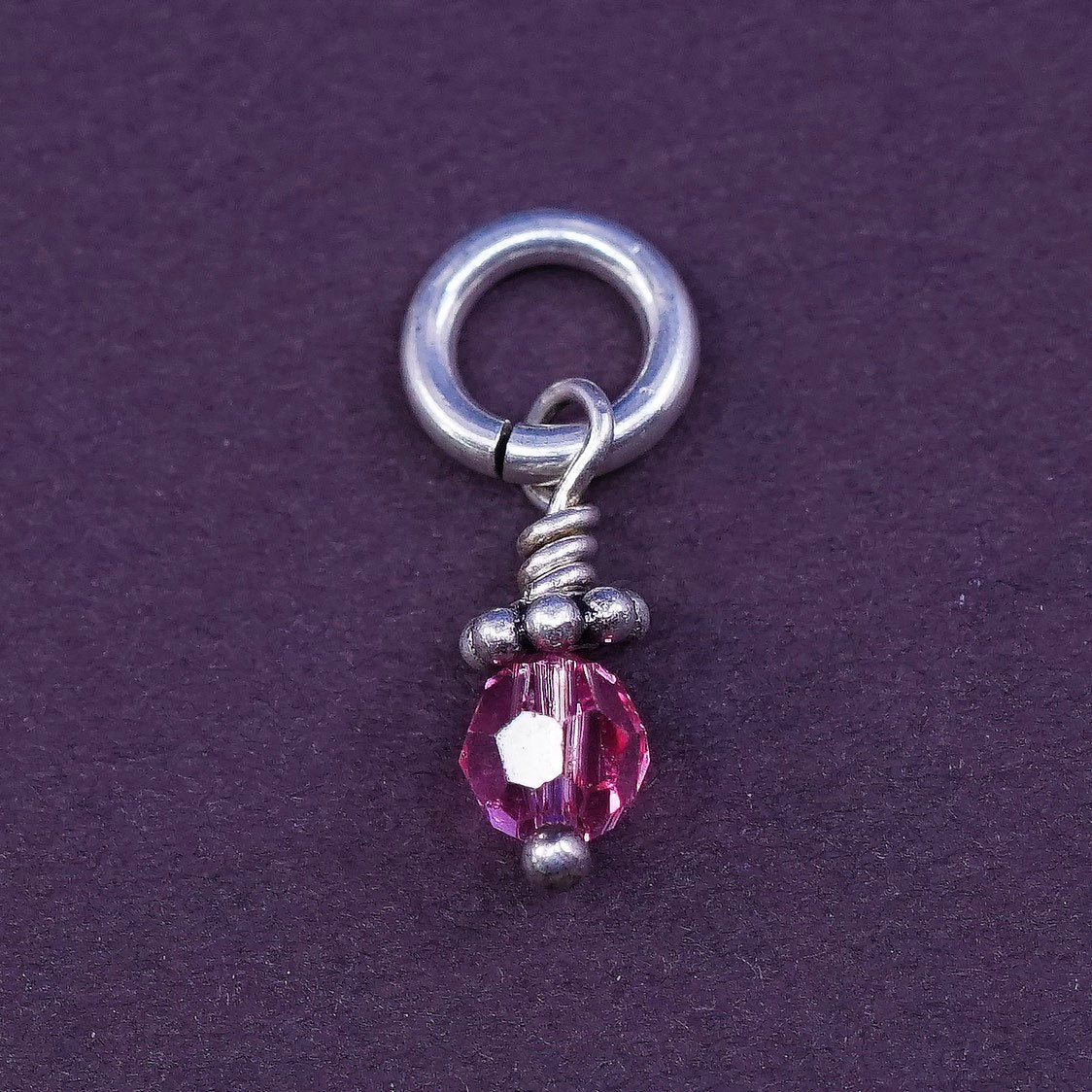 vtg sterling silver handmade pendant, 925 charm w/ pink crystal