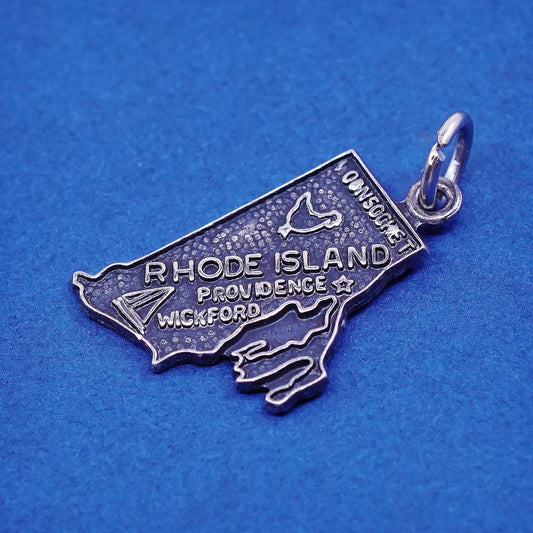 vtg sterling silver handmade pendant, 925 Rhode Island state tag charm