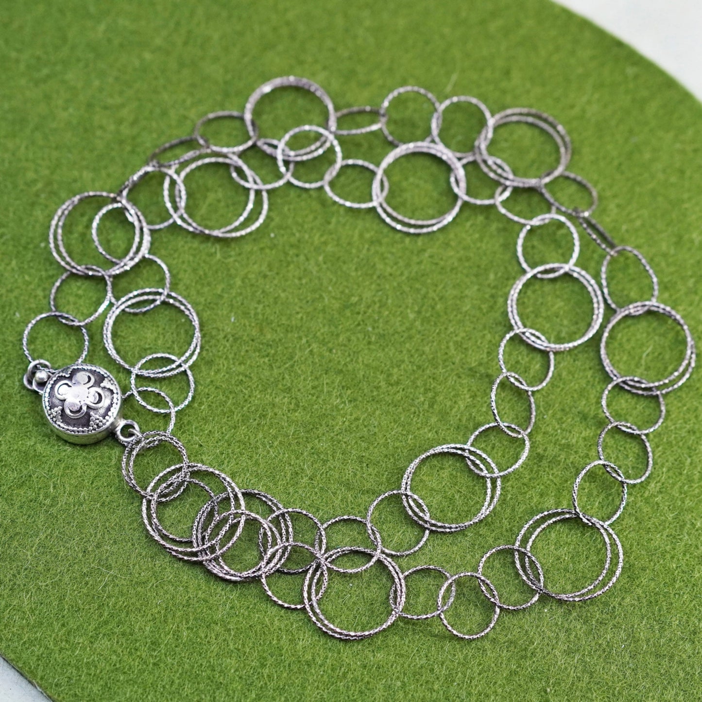 24”, sterling silver necklace, 925 handmade textured circle chain bail clasp