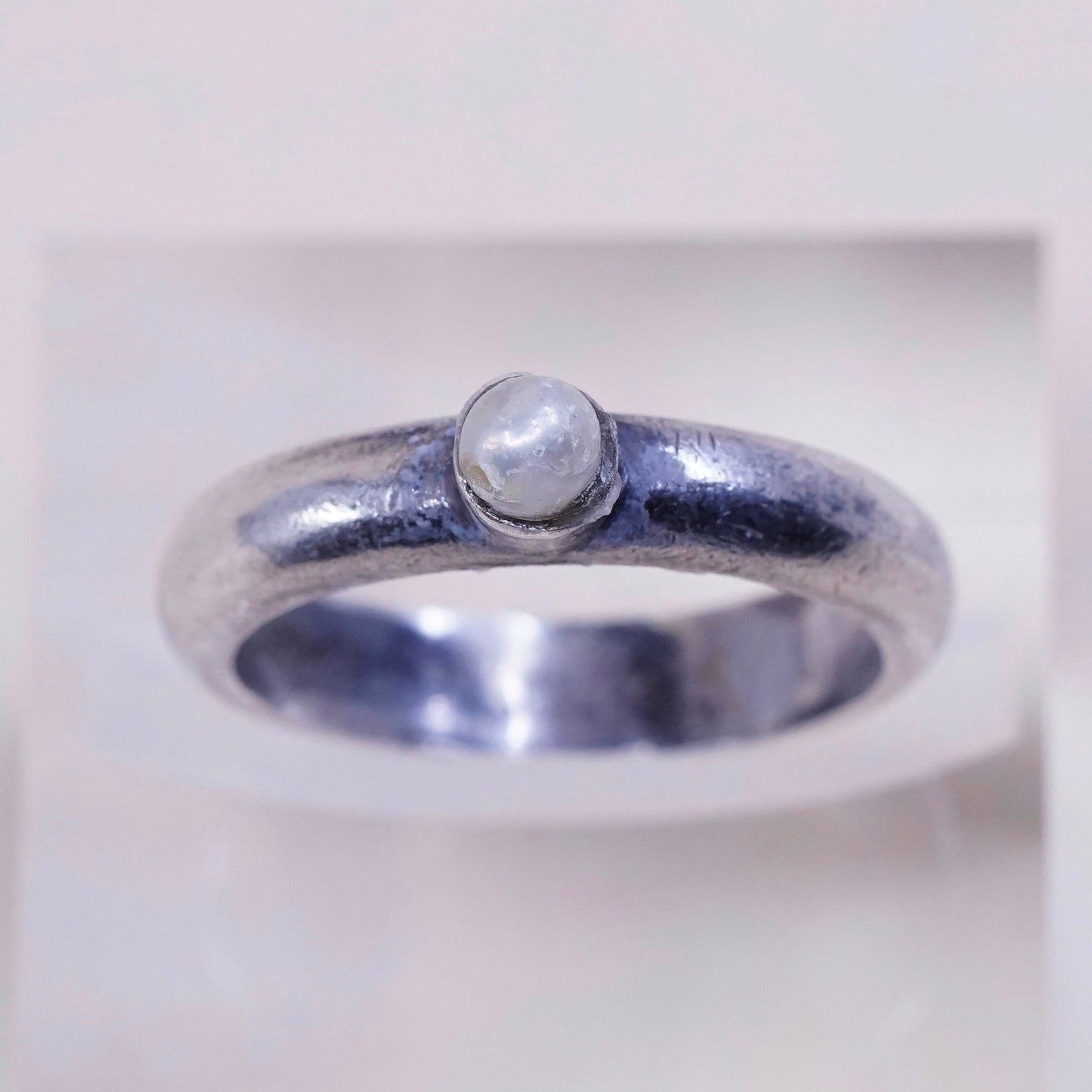 Size 8, vintage Sterling silver handmade ring, modern 925 band with pearl