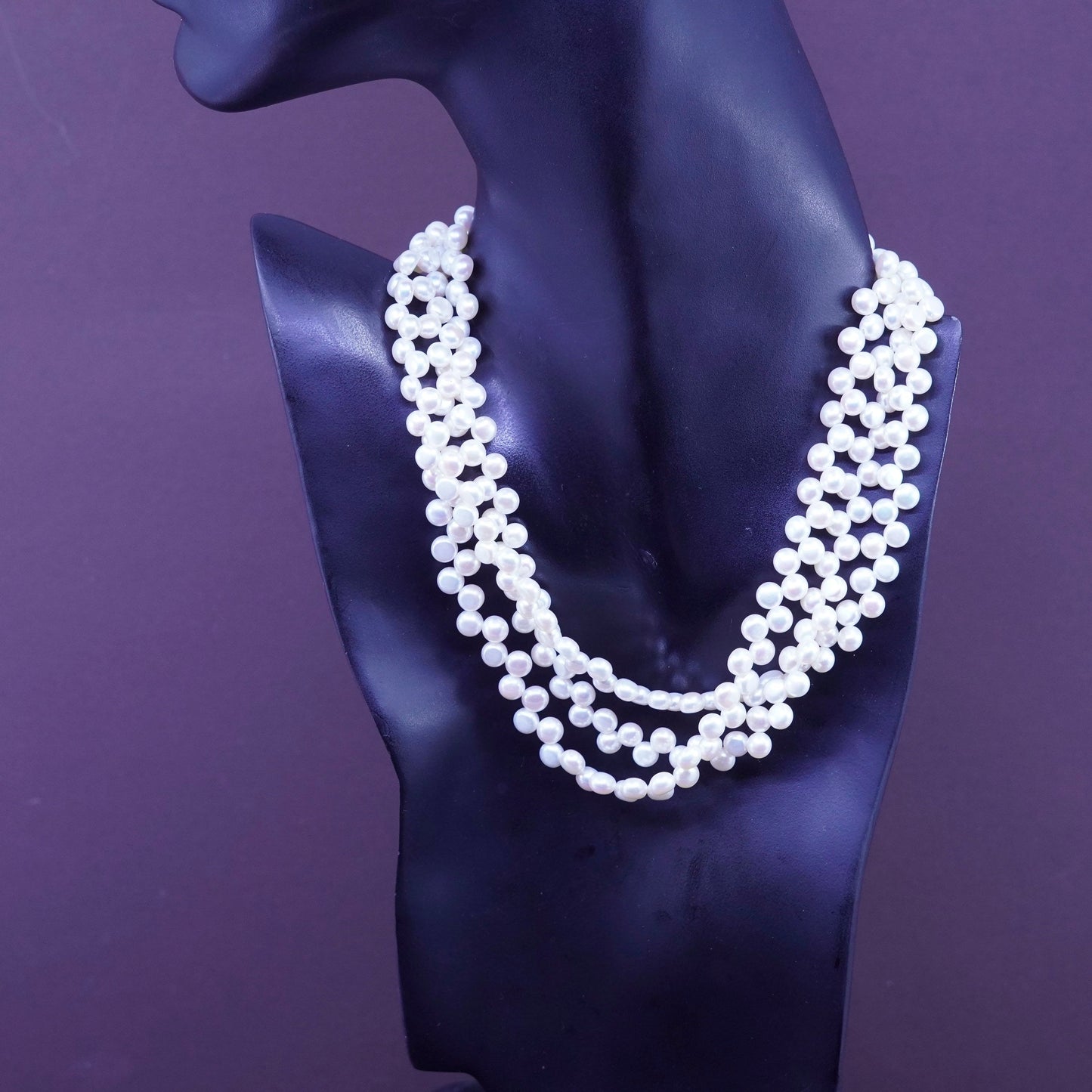 16”, triple strand pearl beads handmade necklace, Sterling 925 silver clasp