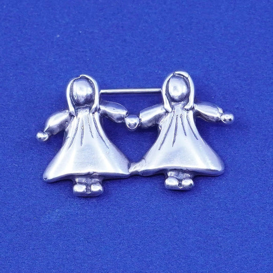 Vintages sterling silver handmade brooch, 925 girls holding hands pin