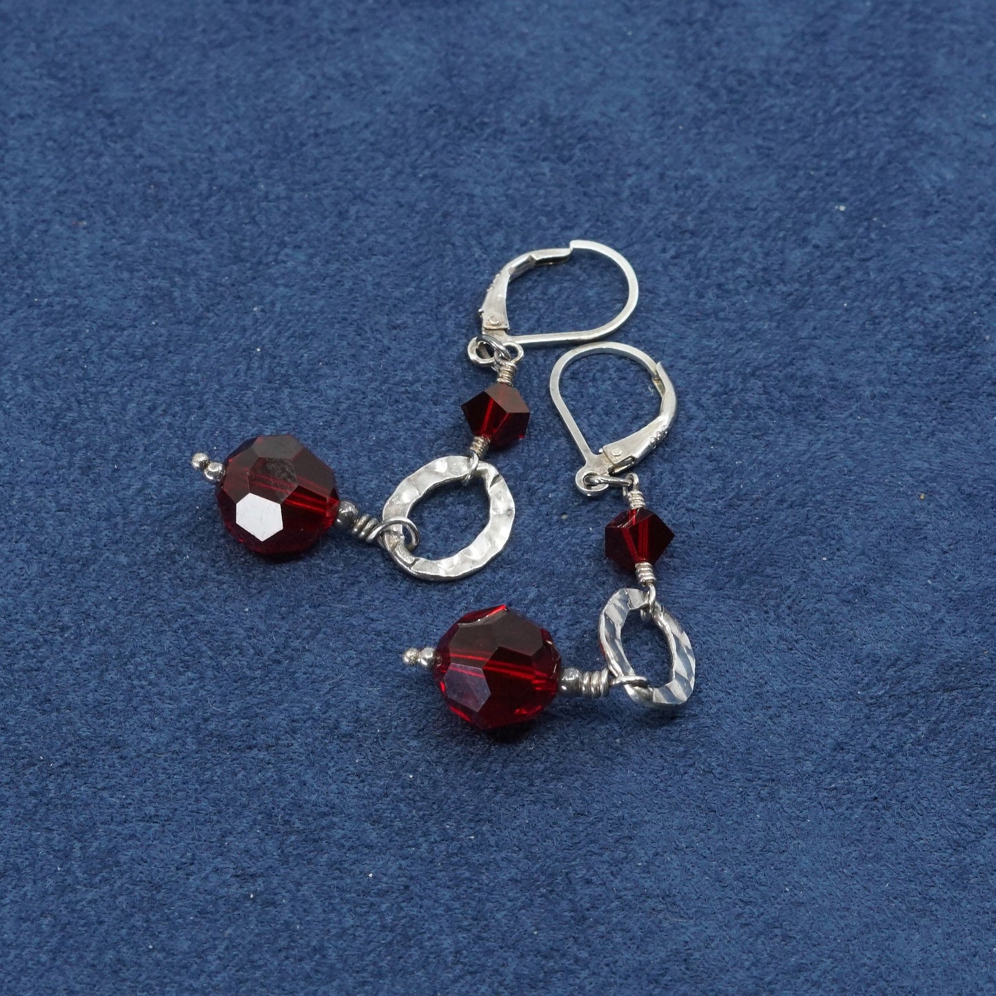 vtg Sterling silver handmade earrings, 925 circle w/ red crystal bead dangles