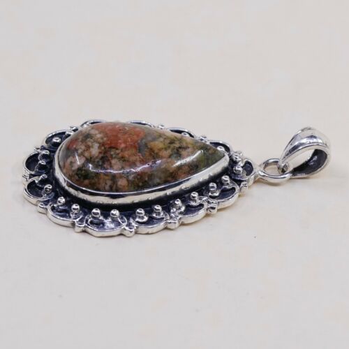 Vtg Sterling Silver Handmade Teardrop Jasper Pendant, 925 Pendant W/ Beads Bali