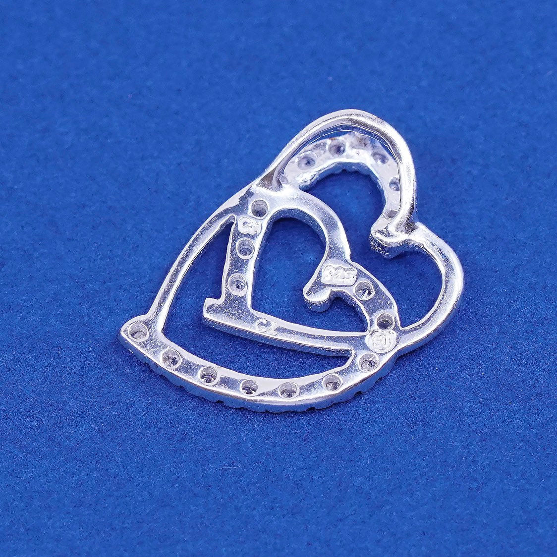 vtg Sterling silver handmade pendant, 925 double heart with cz, stamped 925