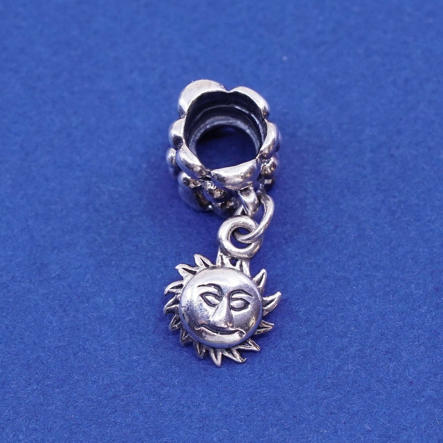 vtg sterling silver handmade pendant, solid 925 silver bead charm with sun face