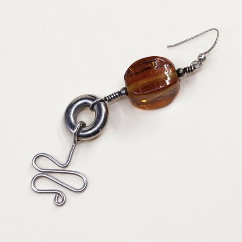 Vtg Sterling Silver Handmade Amber earrings, 925 silver dangles,