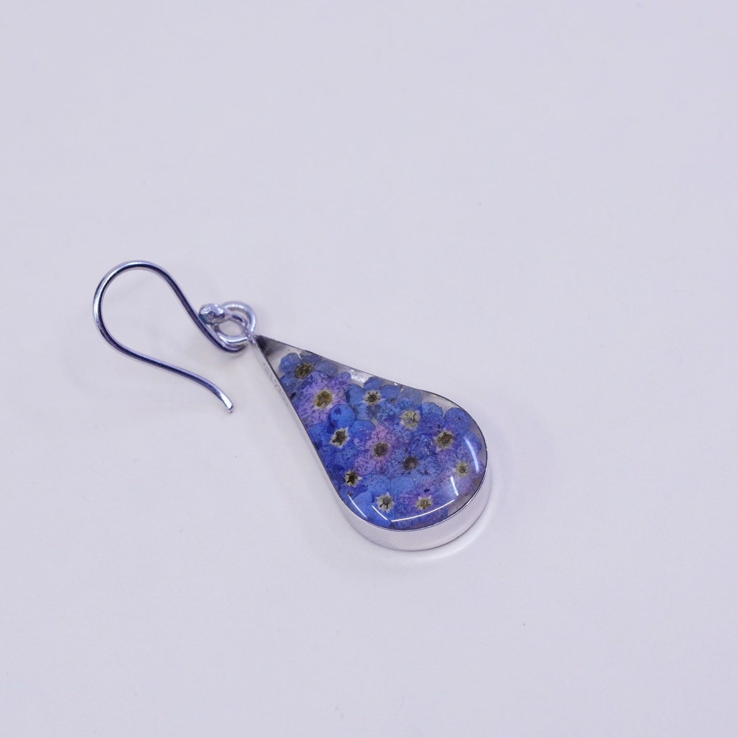 vtg Mexico sterling silver handmade earrings, 925 teardrop purple flower resin