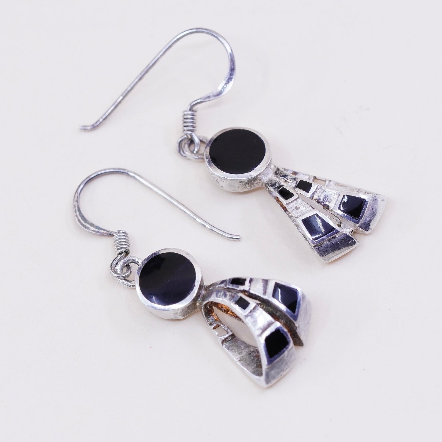 Vintage Sterling 925 silver handmade earrings w/ round obsidian drops, elegant