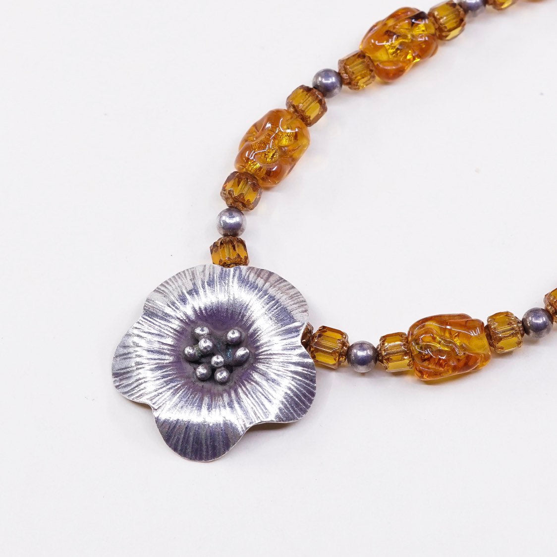 17”, vtg Handmade necklace, Sterling silver flower pendant honey amber nugget